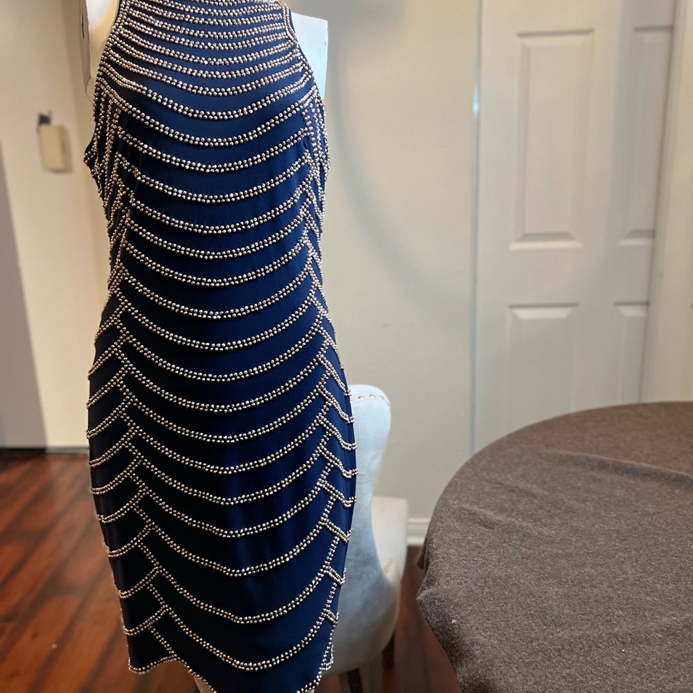 Xscape Midnight Blue Beaded Halter Dress